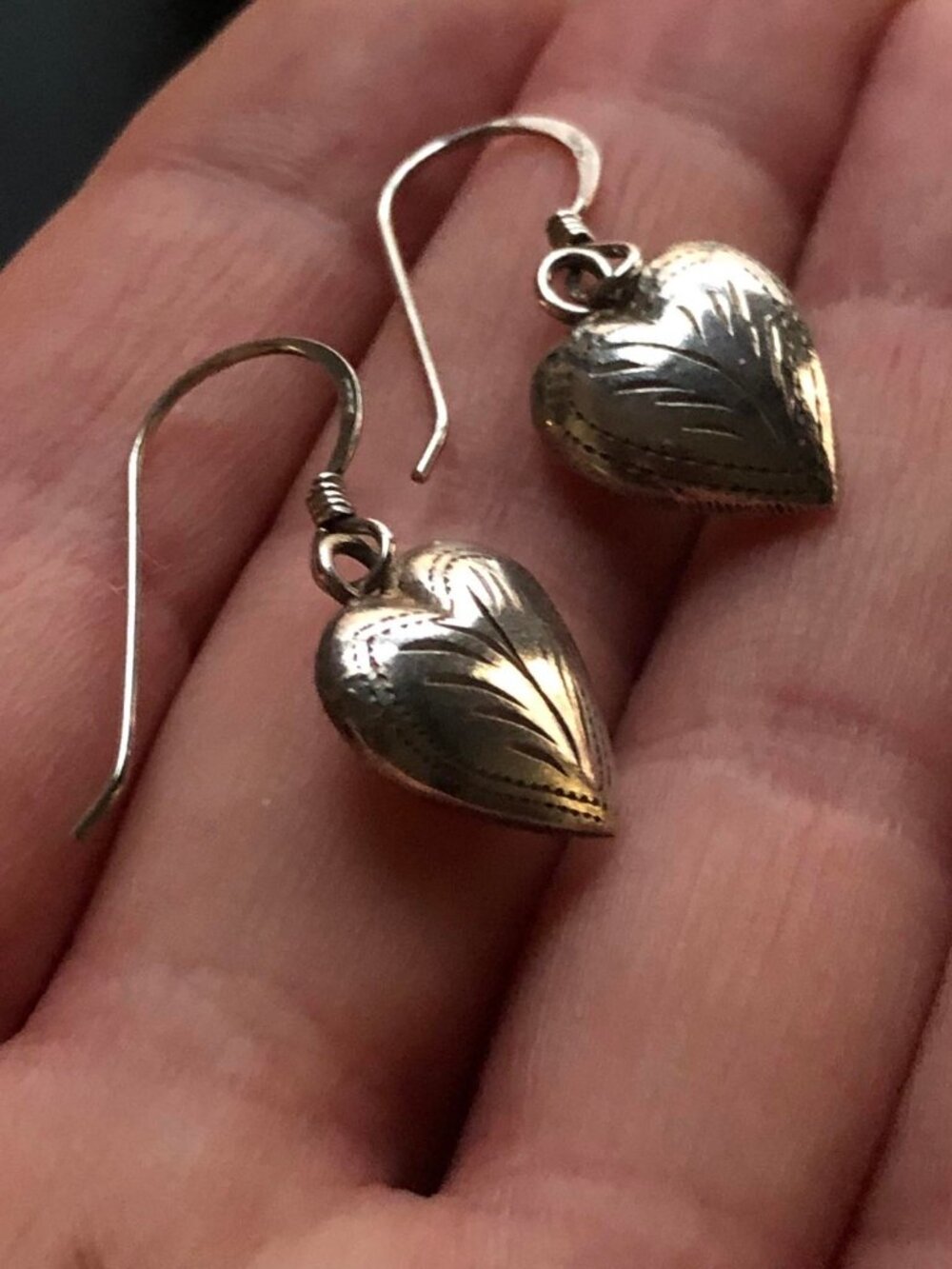 Dainty Vintage 925 Silver Puffy Heart Dangle Earrings with Etched Design